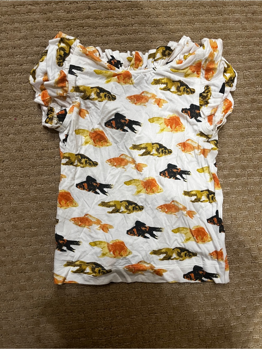 kate quinn White Kids Tee with Orange, Yellow and Black GoldFish Print
